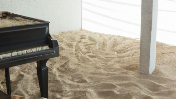 “a living room filled with sand, sand on the floor, piano in the room.”